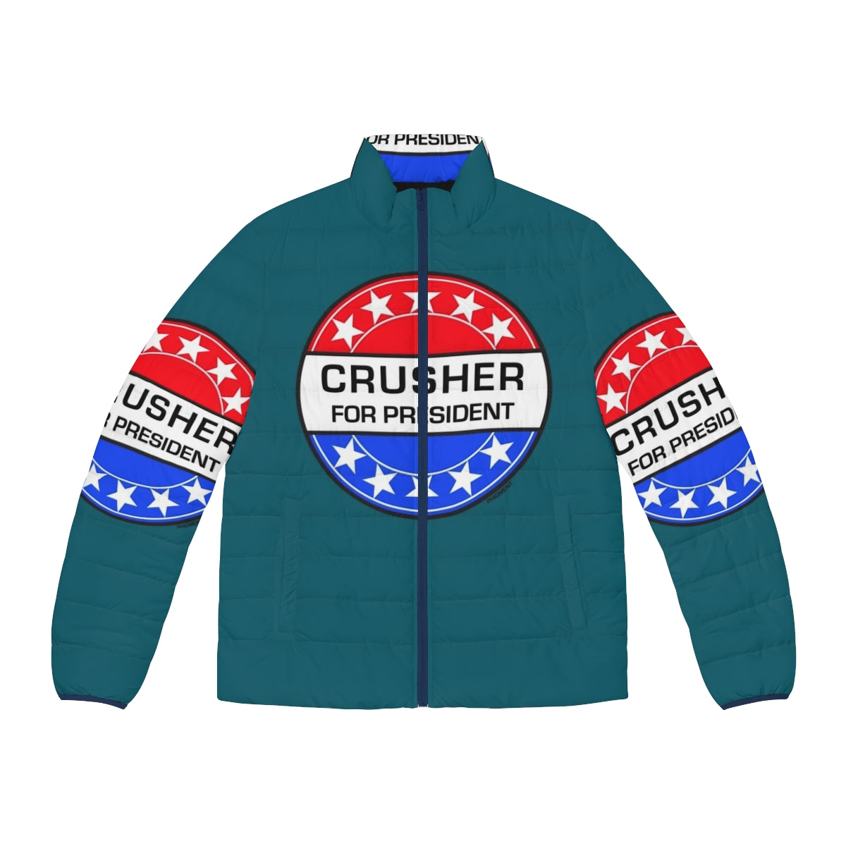 Retro sci-fi puffer jacket featuring Crusher for President design