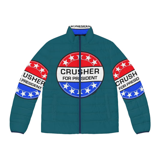 Retro sci-fi puffer jacket featuring Crusher for President design