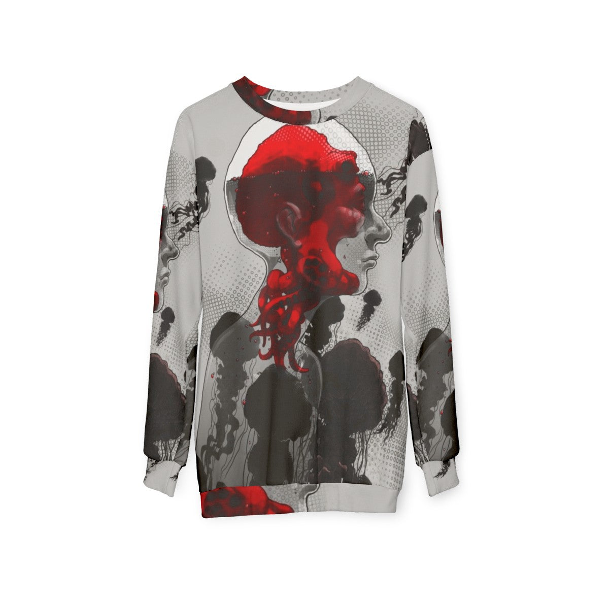 Sweatshirt featuring a surreal, illustrated design with aquatic monsters and psychedelic swirls - hanging