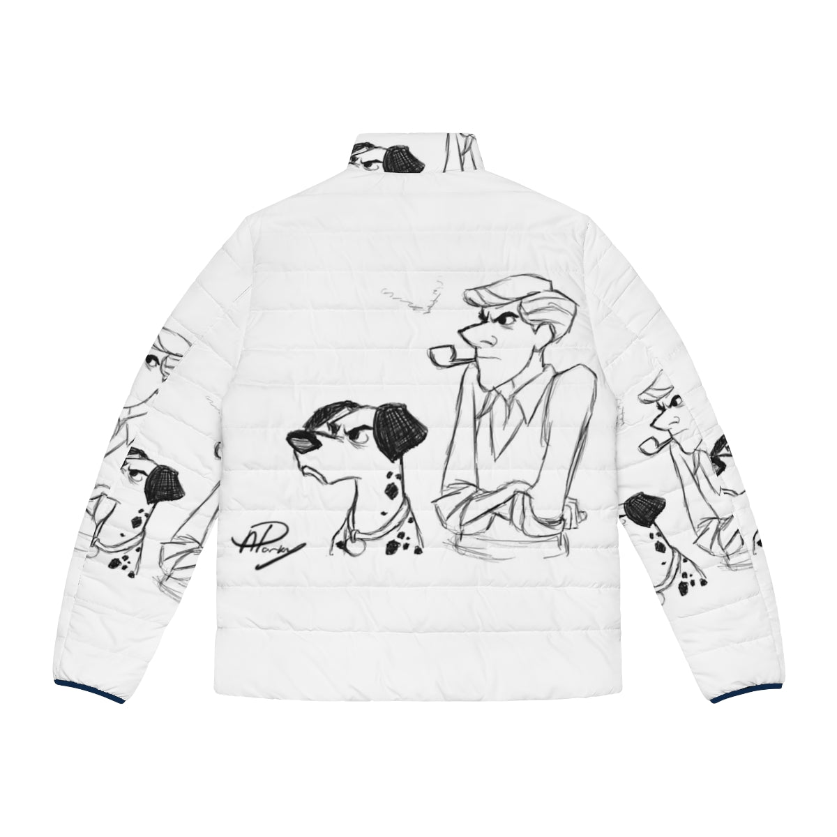 Pongo and Roger 101 Dalmatians inspired puffer jacket with digital sketch art - Back