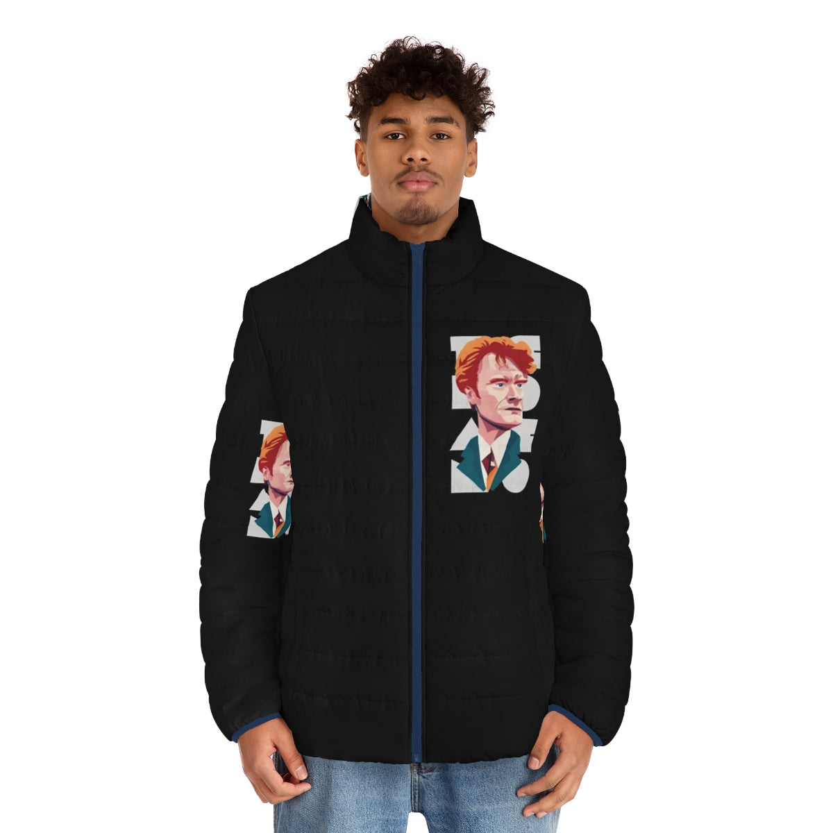 Team Coco Puffer Jacket featuring a funny caricature portrait of Conan O'Brien in a vintage style design - men front