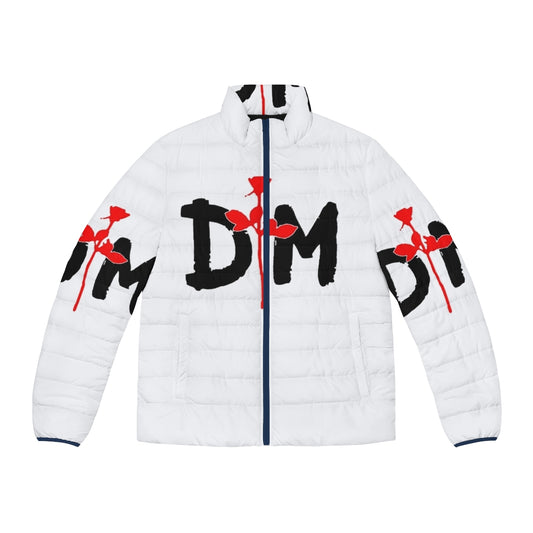 Depeche Mode classic black puffer jacket featuring the iconic band's logo and branding