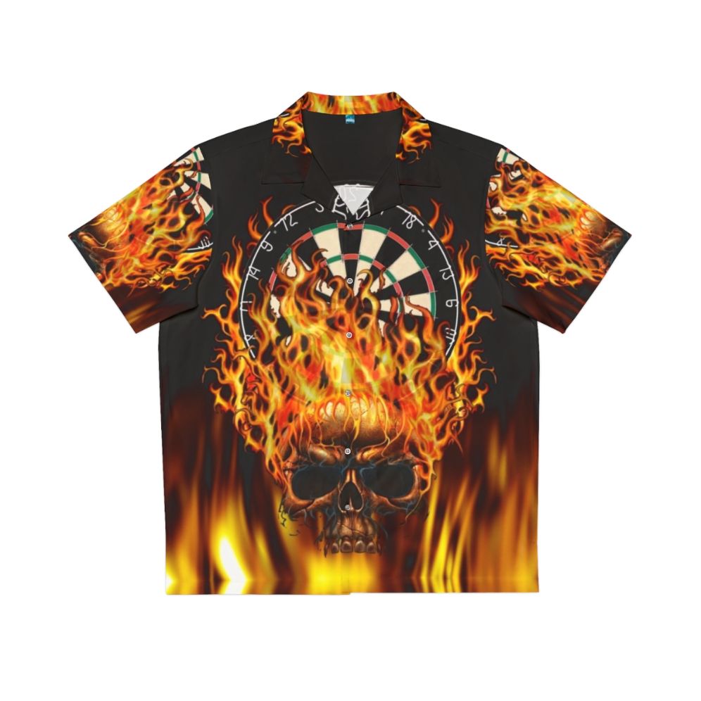 Flaming skull dartboard Hawaiian shirt with fire print and skull design