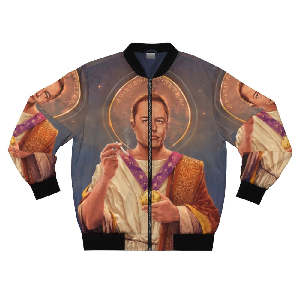 Elon Musk "Saint Elon" Pop Art Bomber Jacket featuring a religious-themed portrait of Elon Musk against a space background.