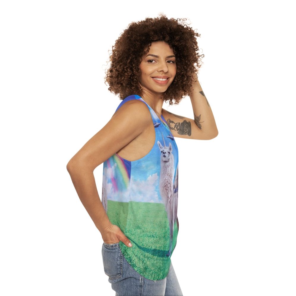 Cat riding llama unicorn with rainbow and UFO graphic tee - women side