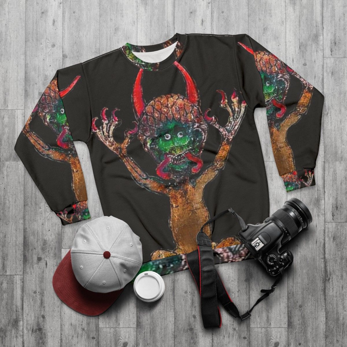 Medieval Codex Gigas Devil Sweatshirt with Mystical Manuscript Imagery - flat lay