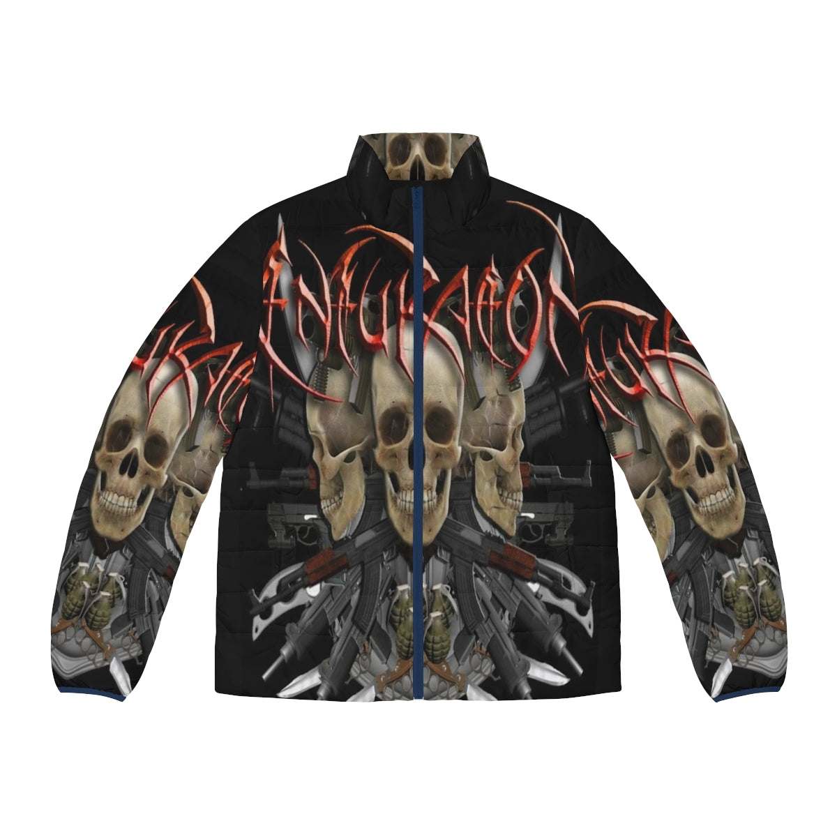 Death metal puffer jacket with band art and skull design