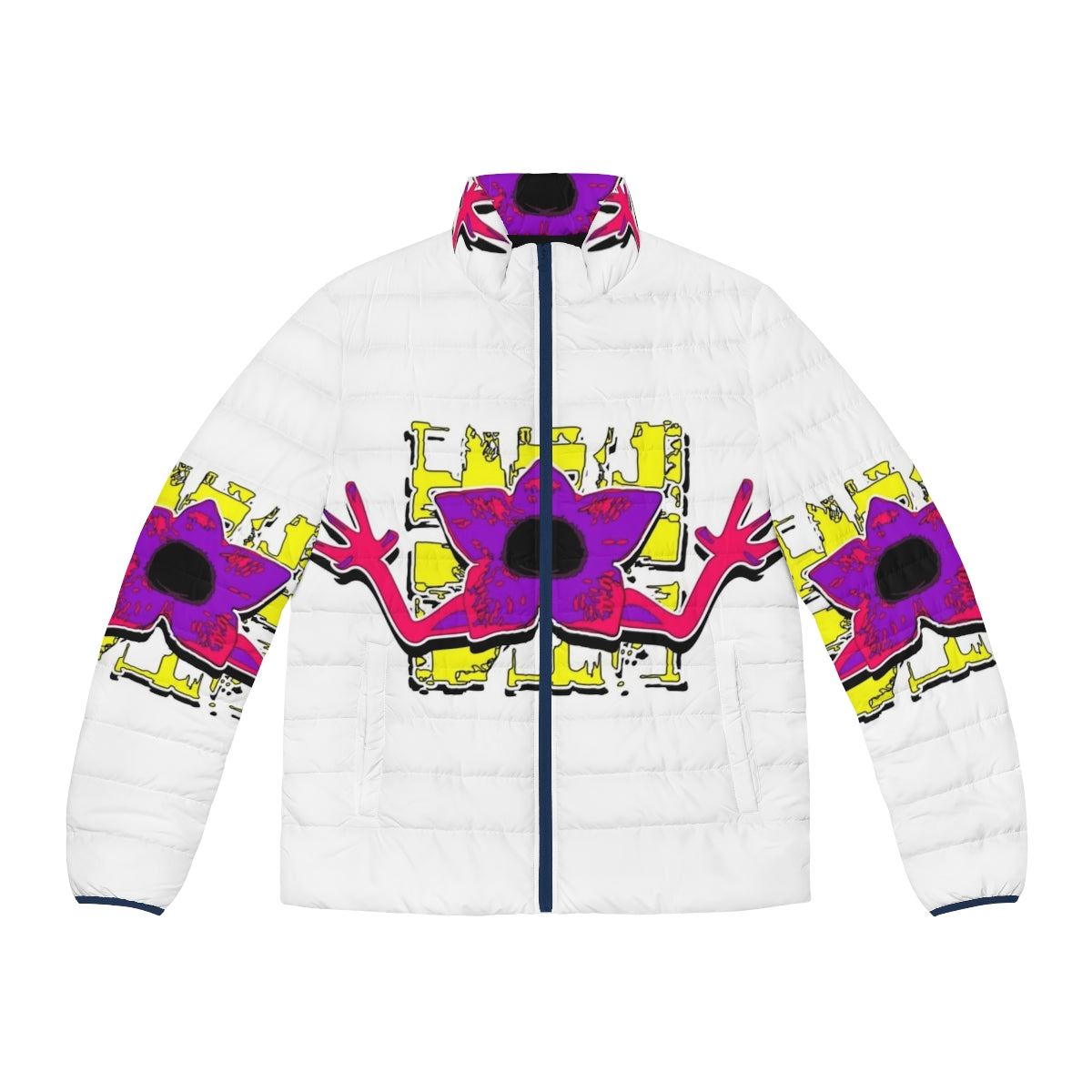 Stranger Things Demogorgon puffer jacket with Eleven and characters from the Netflix series