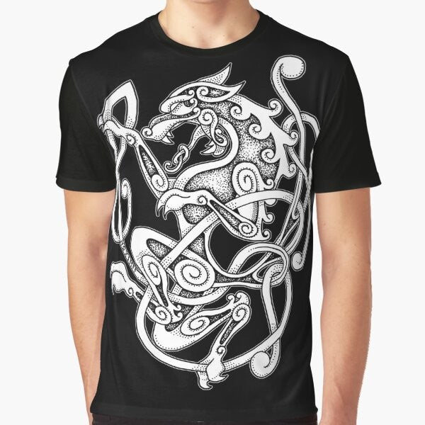 Varg Norse Viking Graphic T-Shirt with wolf, knotwork, and Norse symbols