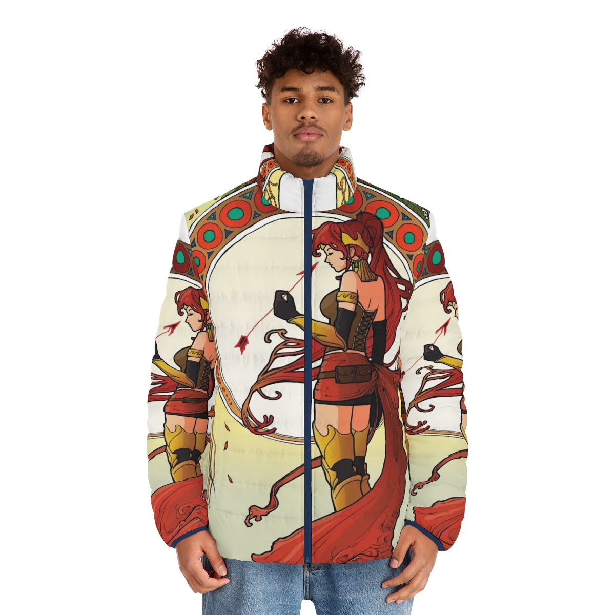 A puffer jacket featuring a striking anime-inspired graphic design with a redhead gladiator character - men front