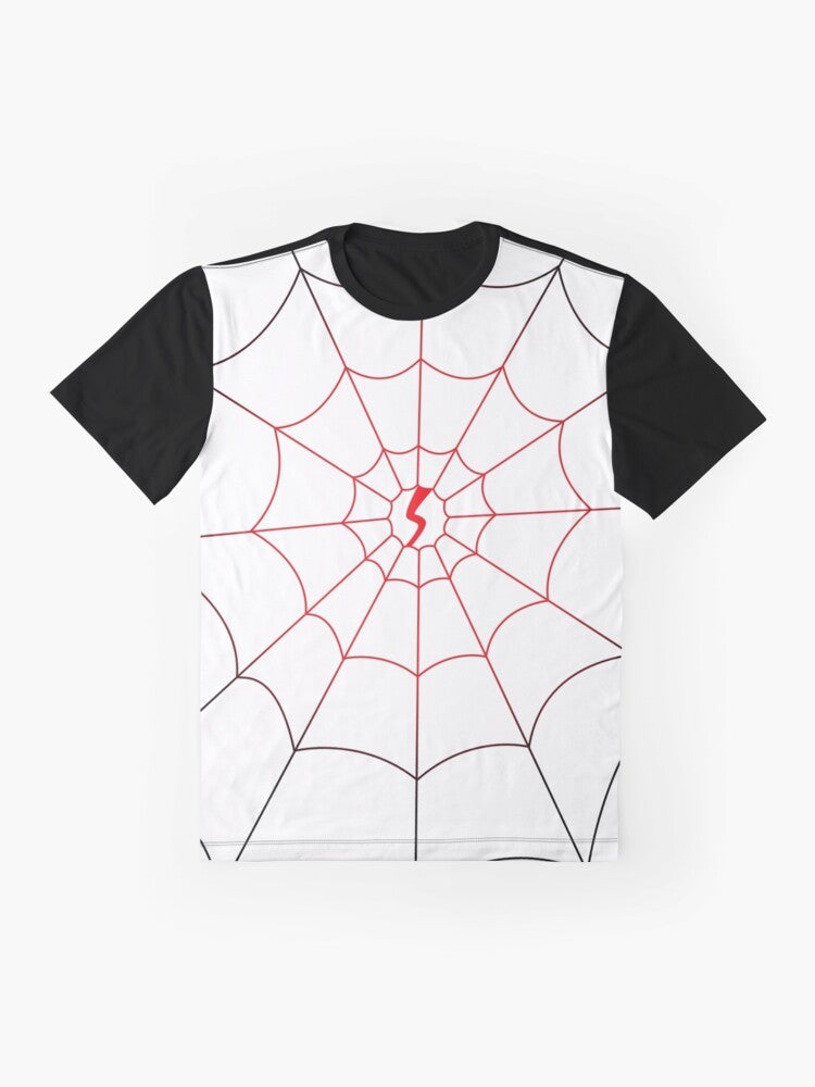 Silk (Cindy Moon) character from the Spider-Verse, wearing a superhero costume on a graphic t-shirt - Flat lay