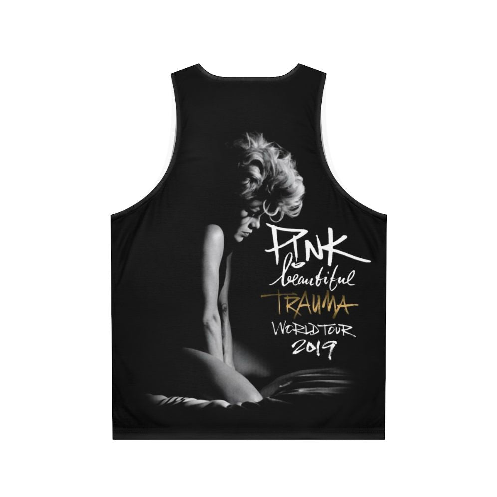 Unisex pink tank top with music and trauma recovery design - Back