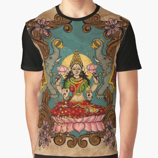 "Lakshmi, the Hindu Goddess of Wealth, portrayed on a graphic t-shirt design"