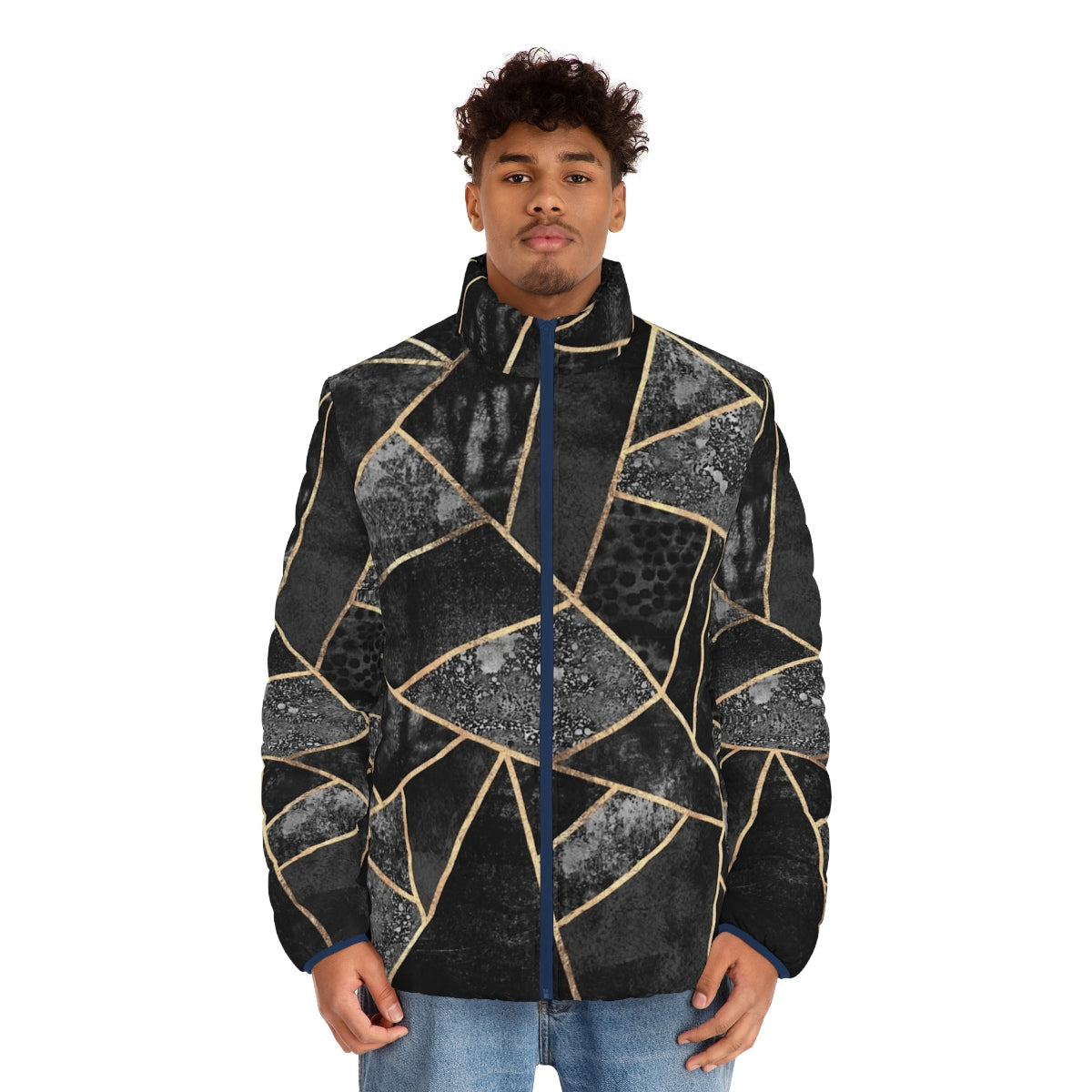 Black Stone 2 Geometric Puffer Jacket with Abstract Pattern - men front