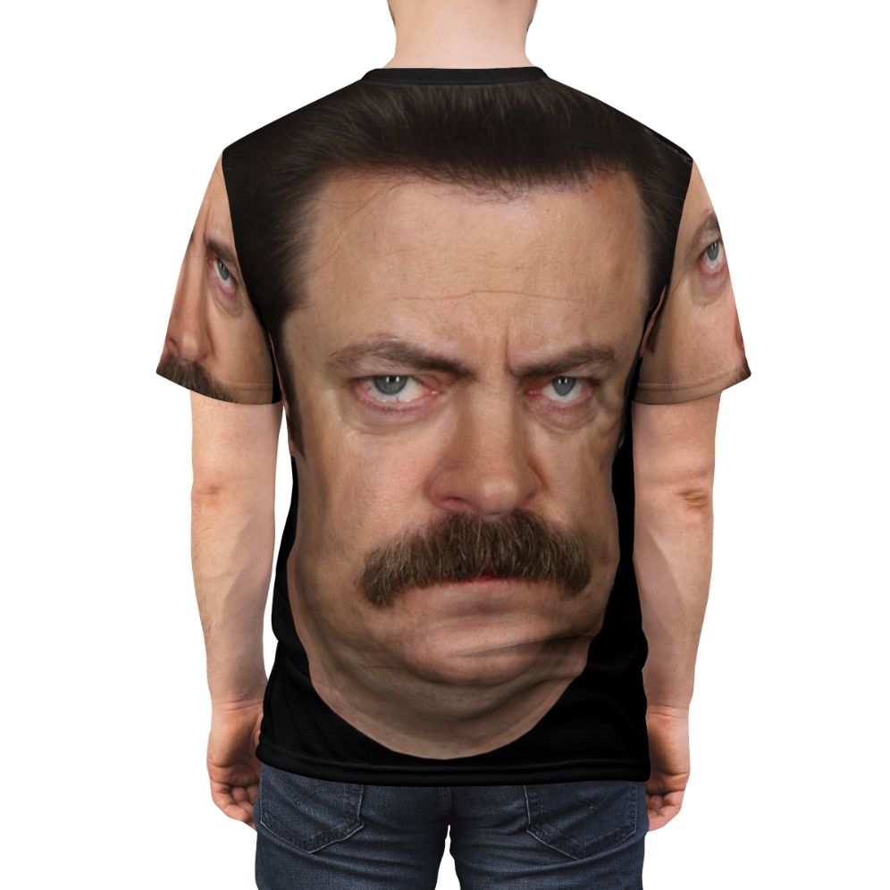 Graphic t-shirt design featuring a circle motif with references to the TV series Parks and Recreation and the character Ron Swanson. - men back