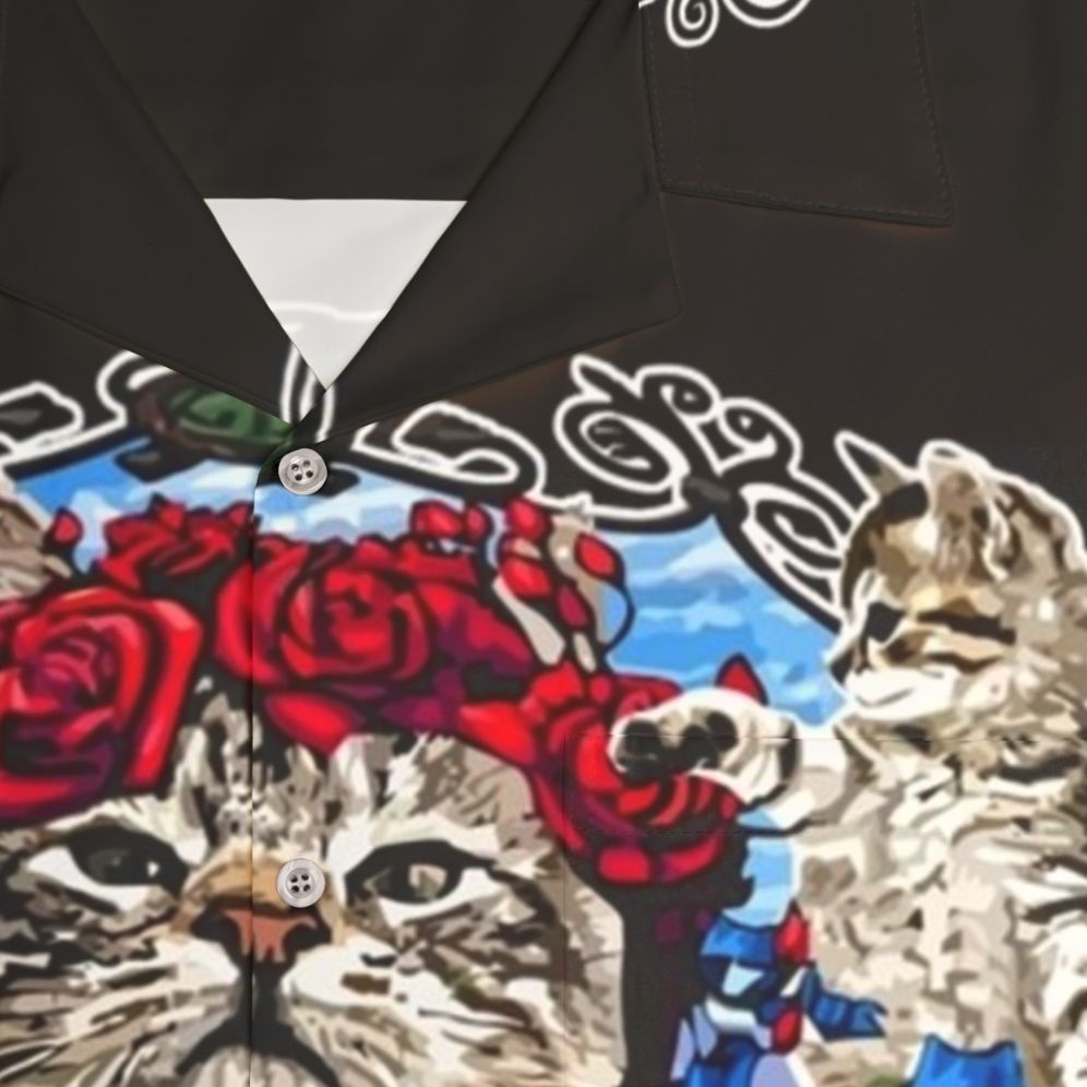 Grateful Cats and Roses Hawaiian Shirt with Skeleton Print - Detail