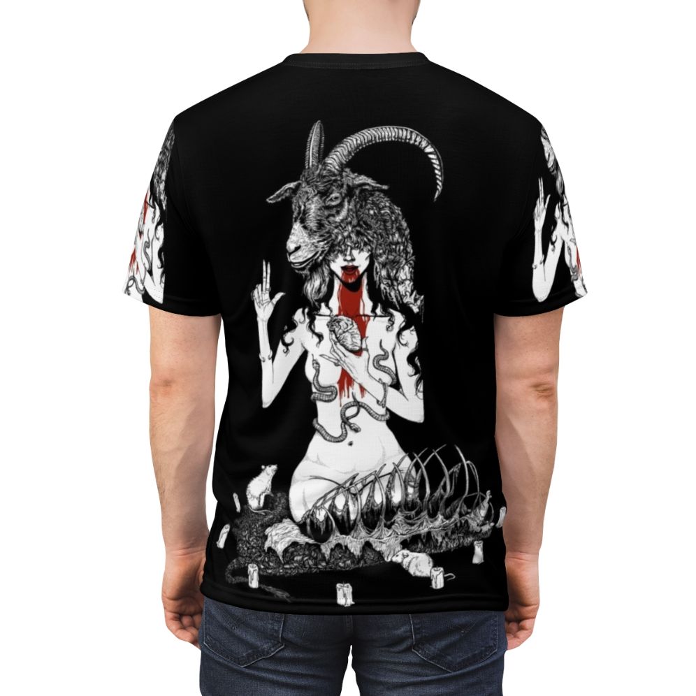 Occult satanic horror t-shirt with baphomet, demons, and pagan symbols - men back