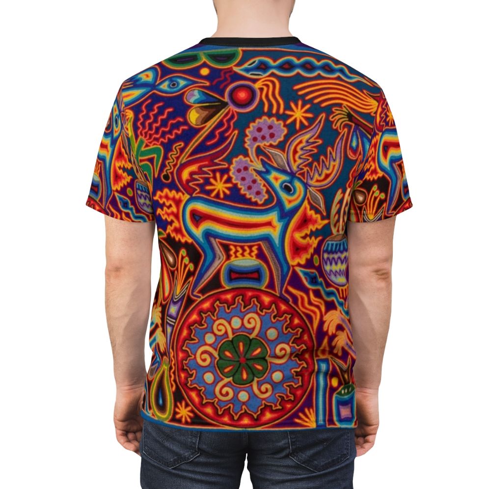 Vibrant Huichol-inspired t-shirt featuring abstract floral and skull designs - men back