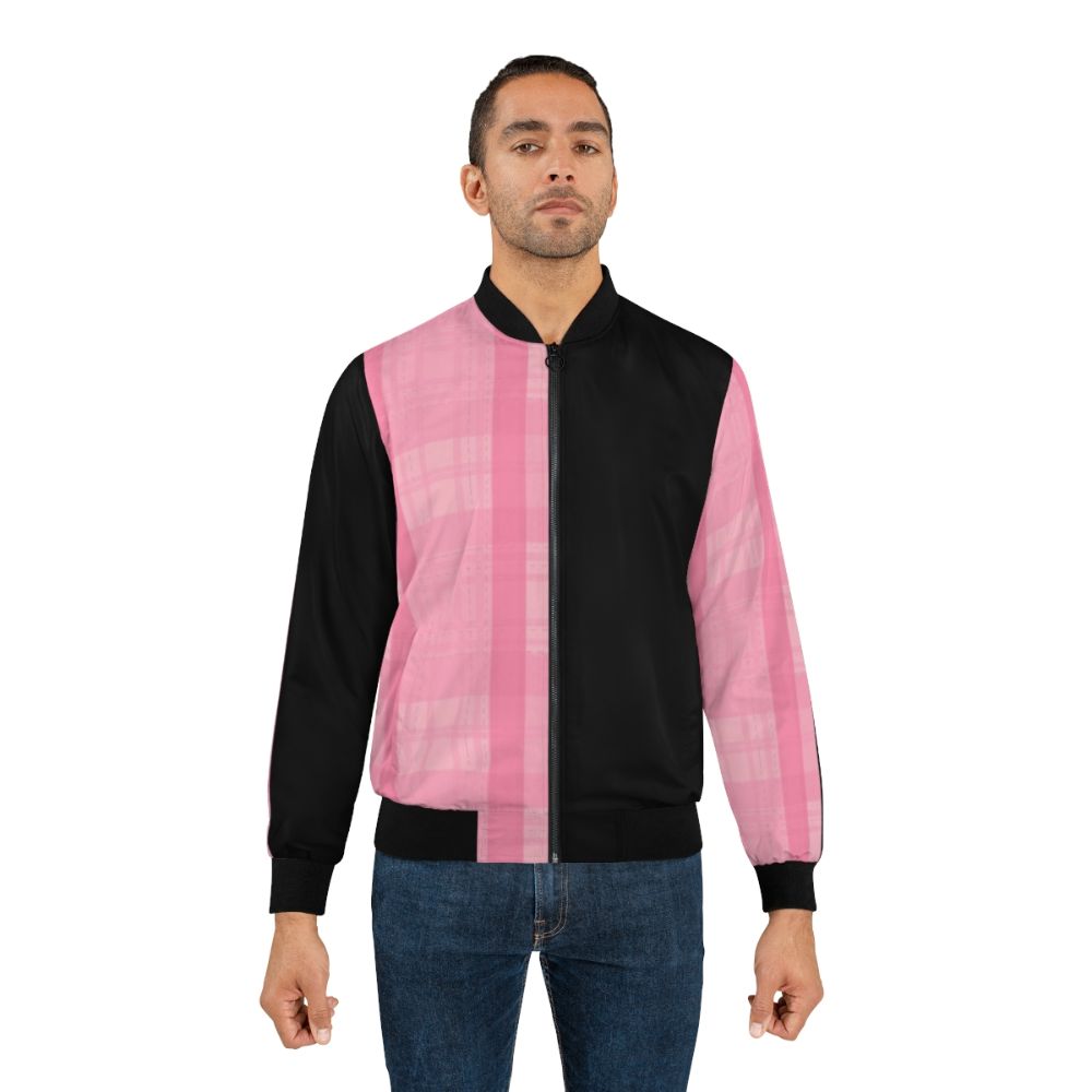 Fashionable pink and black plaid bomber jacket with stripes - Lifestyle