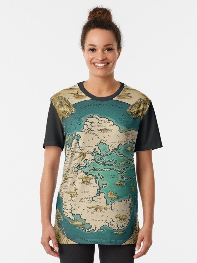 A graphic t-shirt featuring a map of the Pangaea supercontinent from prehistoric times. - Women