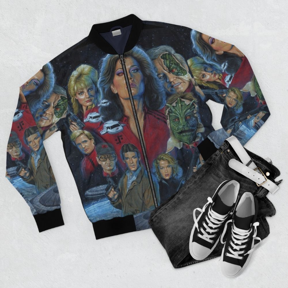 Visitors 80s Bomber Jacket with V The Final Battle Inspired Design - Flat lay