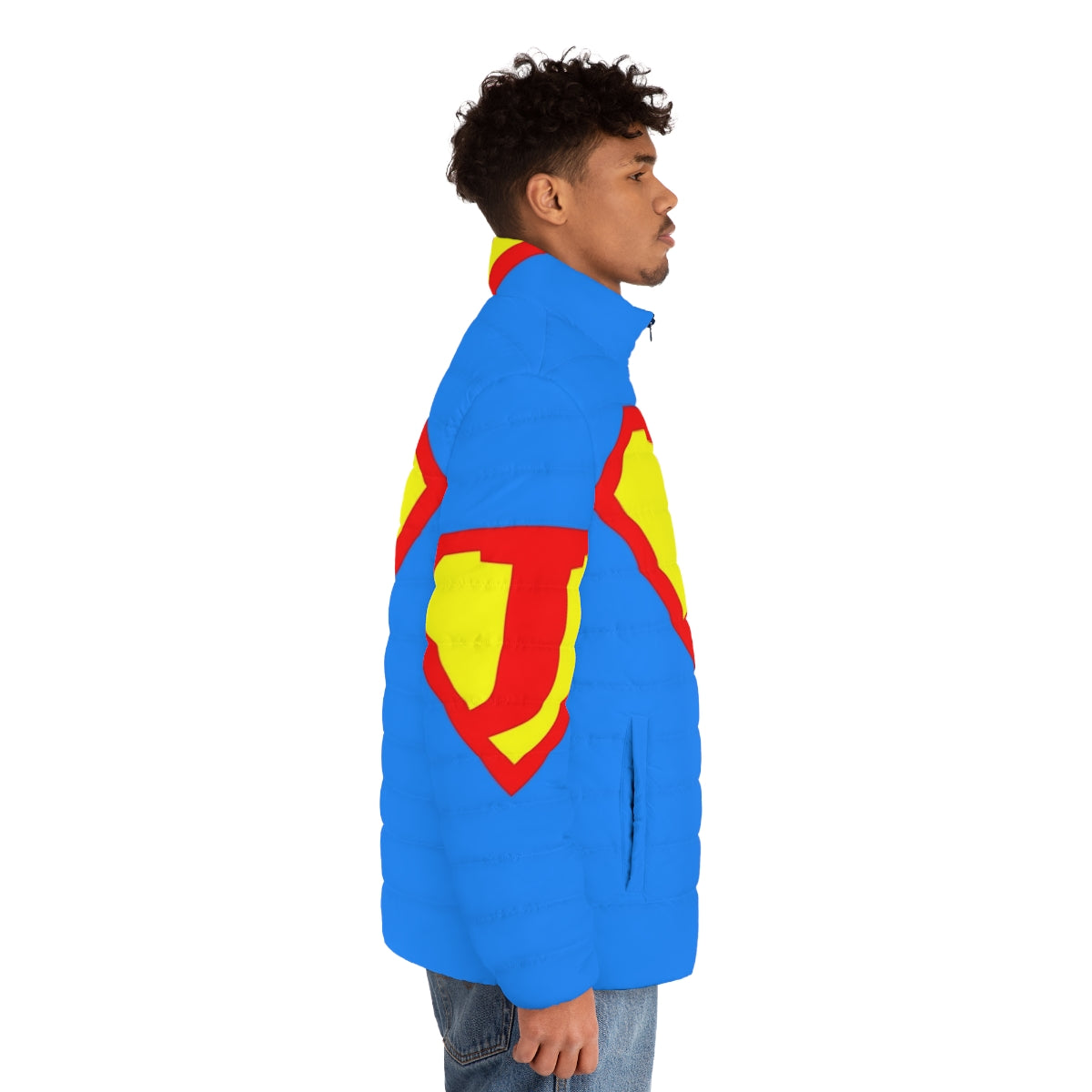 Super Letter A-Z Puffer Jacket featuring comic book-inspired superhero designs - men side right