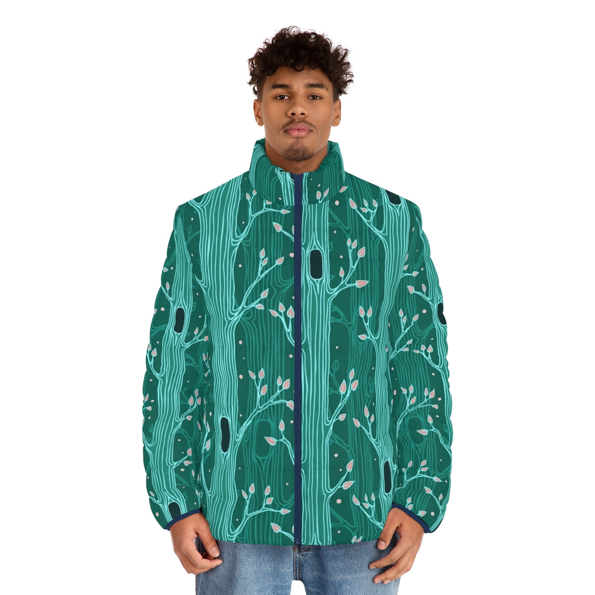 Emerald forest seamless tree pattern puffer jacket - men front