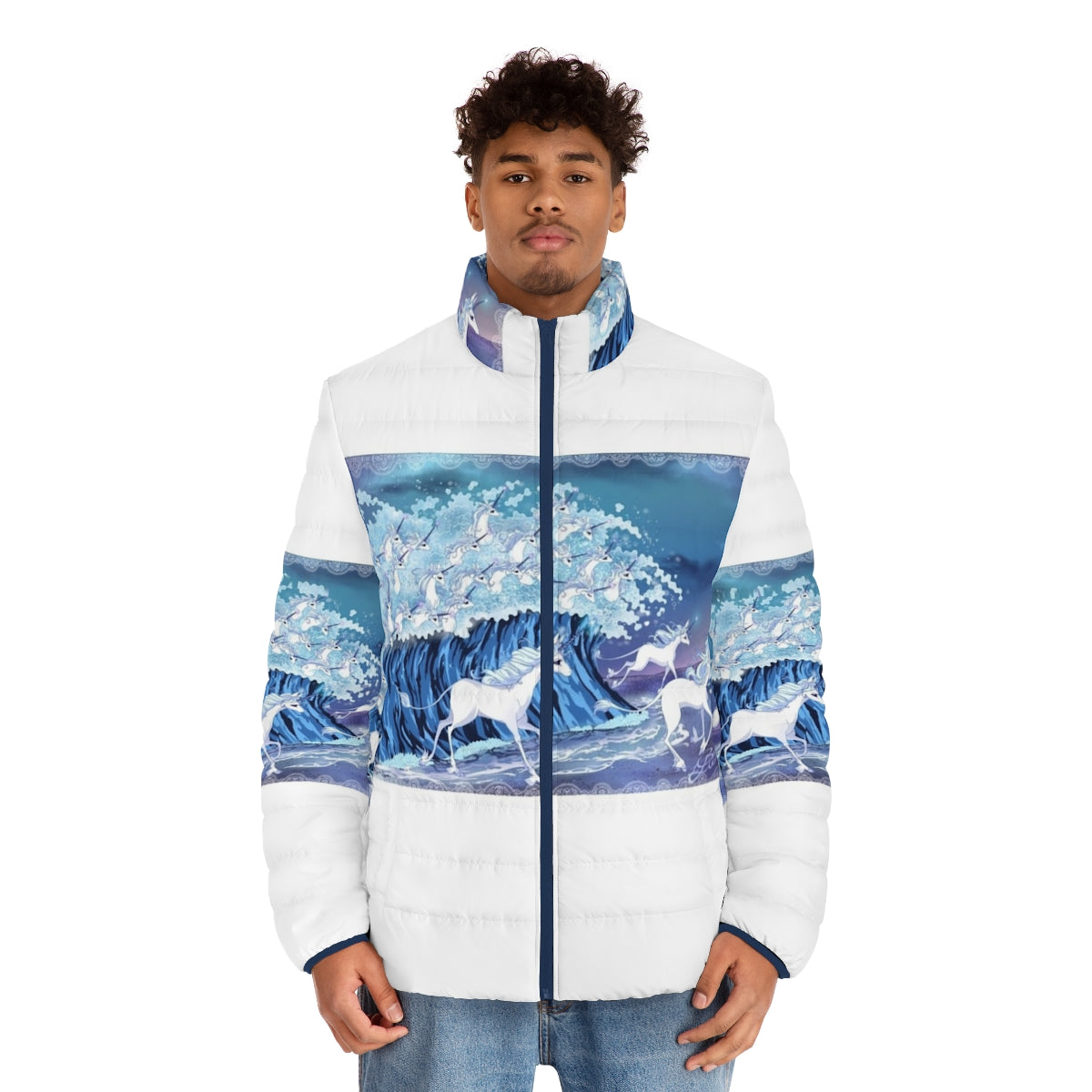 Puffer jacket featuring enchanting unicorns swimming in the sea - men front