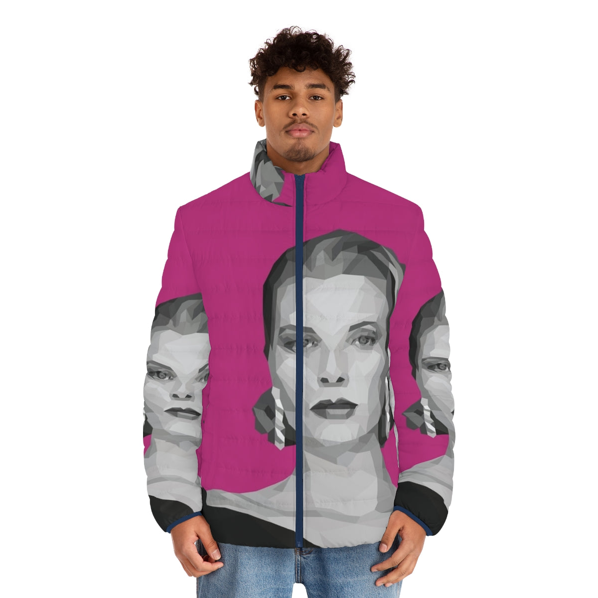 Geometric pink puffer jacket inspired by the classic style of Grace Kelly - men front