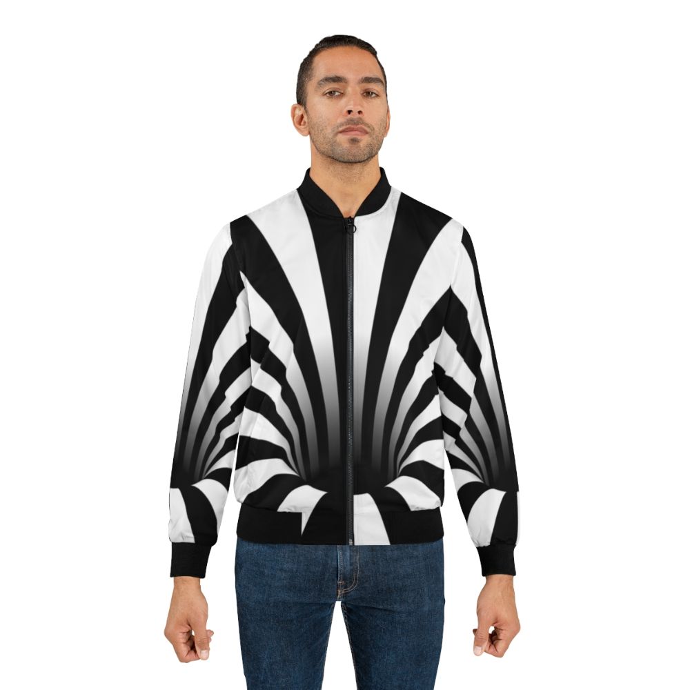 Optical illusion black and white bomber jacket with abstract black hole pattern - Lifestyle