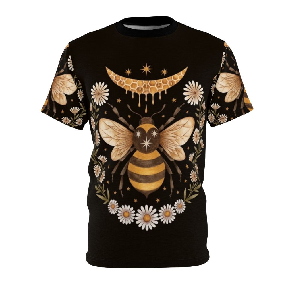 A black t-shirt featuring a honey moon design with bees, flowers, and a laurel wreath