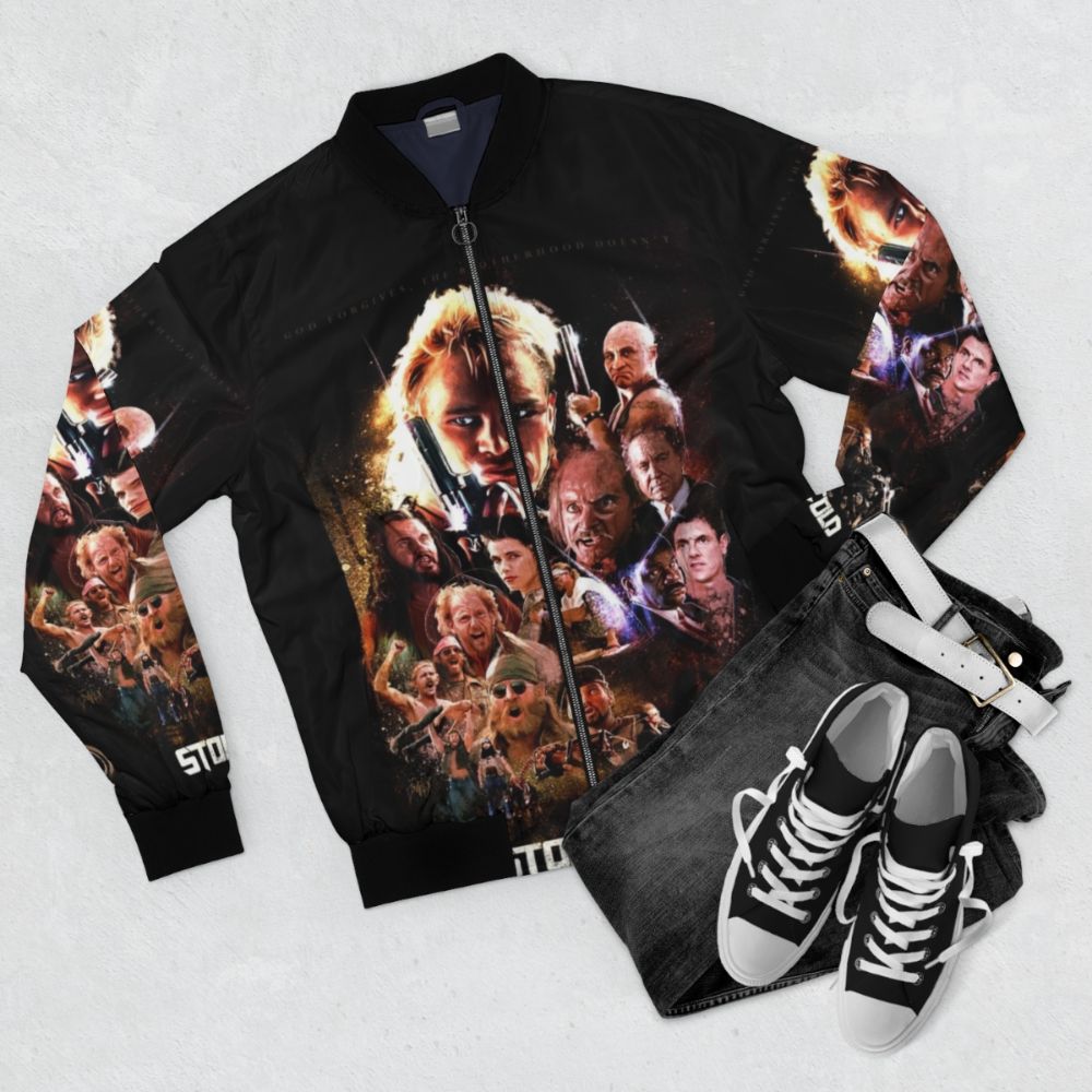 Stone Cold Bomber Jacket, 90s Action Movie Inspired Outerwear with Focus Keyword - Flat lay