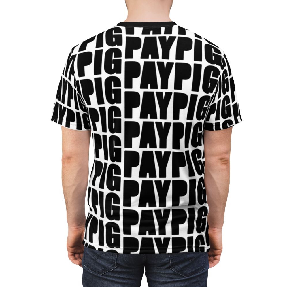 Paypig-inspired all-over print t-shirt featuring money fetish, findom, and finsub graphics - men back