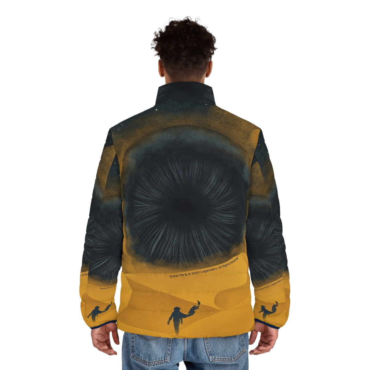 A yellow puffer jacket inspired by the Shai Hulud sand worms from the Dune movie - men back