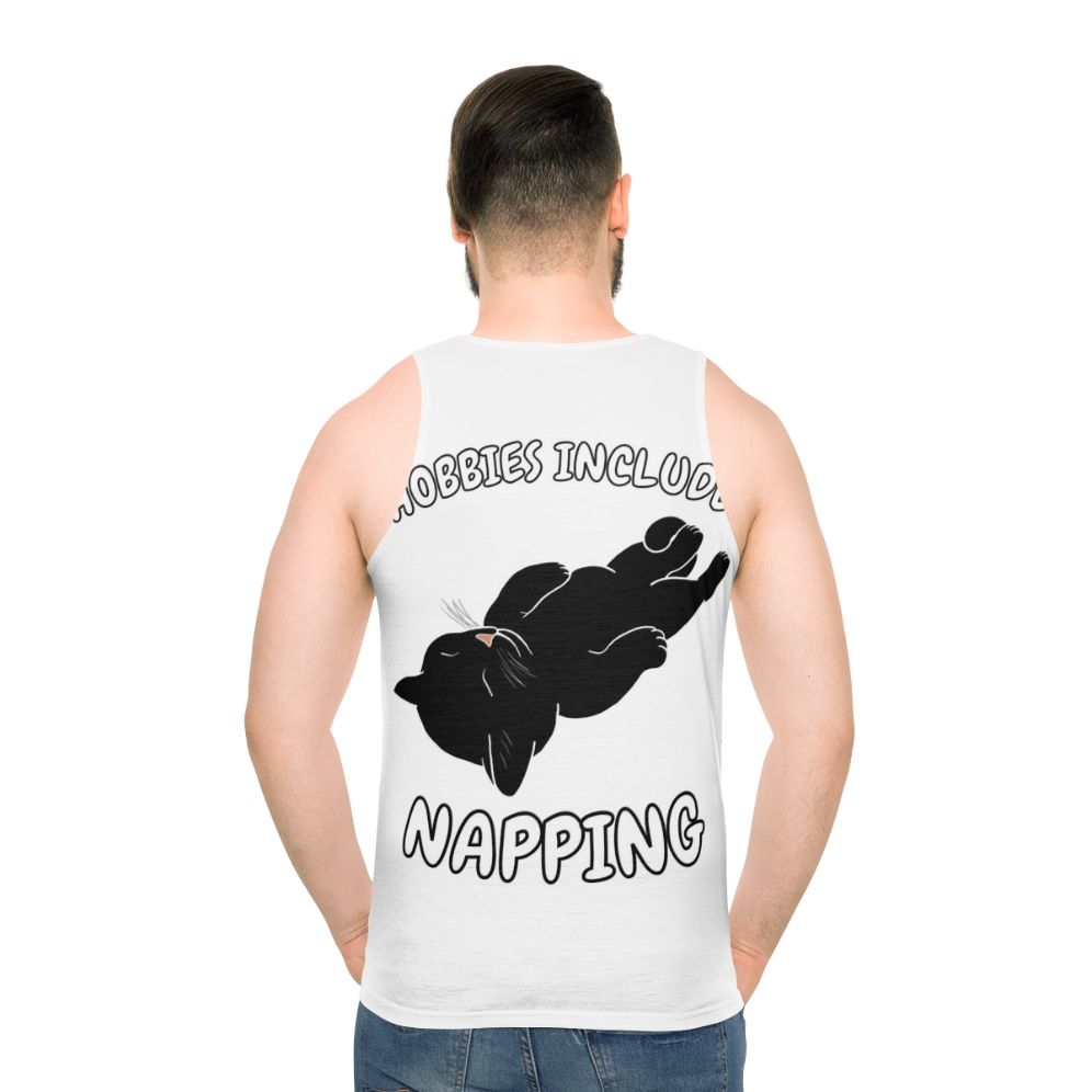 Unisex tank top with a black cat napping graphic - men back