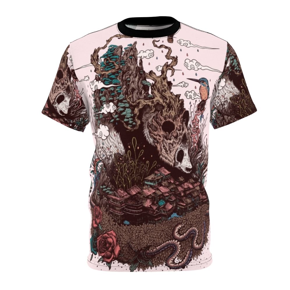 Closeup of a detailed nature illustration design featuring a panda bear, mountains, autumn leaves, and other natural elements on an all-over print t-shirt.