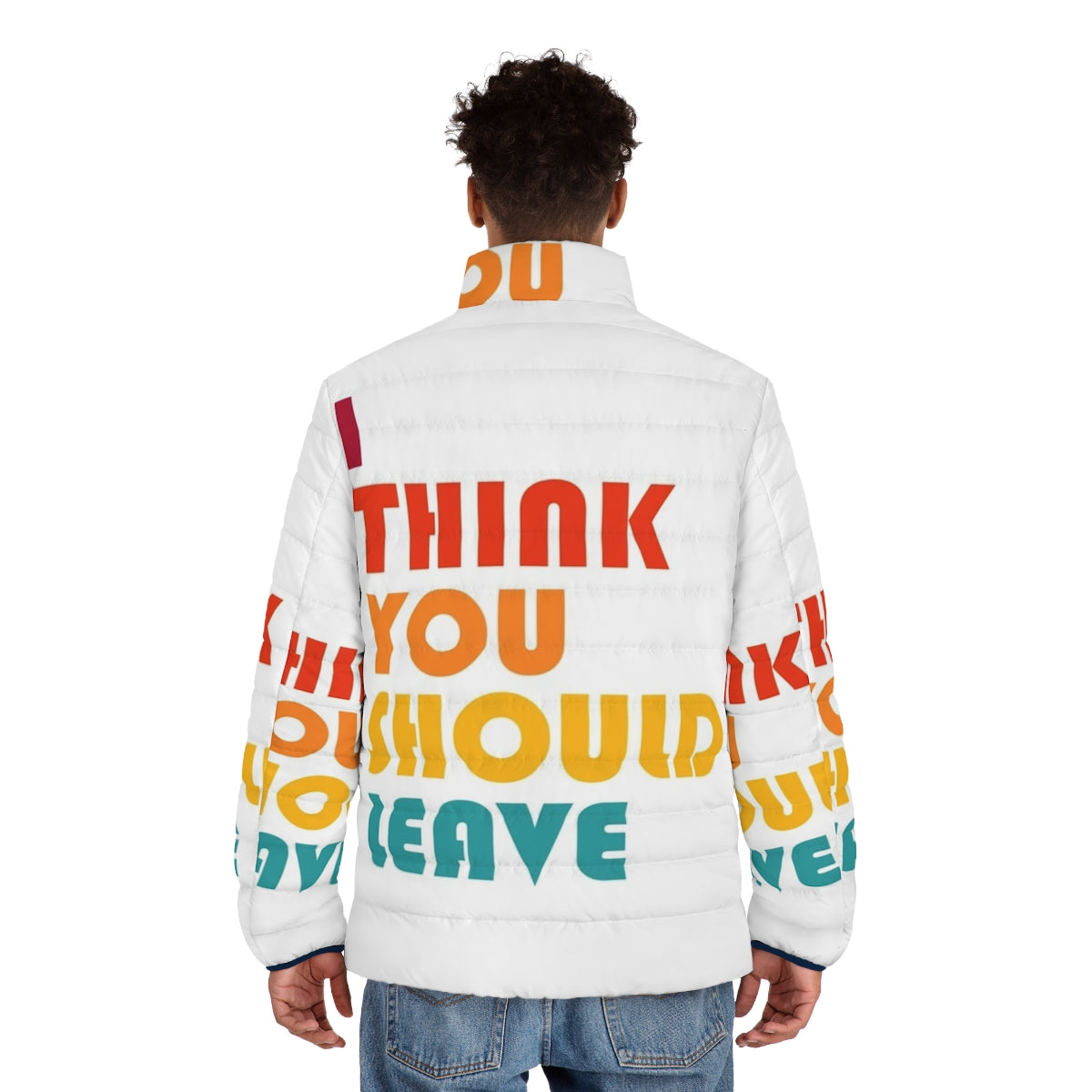 Retro-style "I Think You Should Leave" puffer jacket featuring graphic design inspired by the popular Netflix sketch comedy series - men back