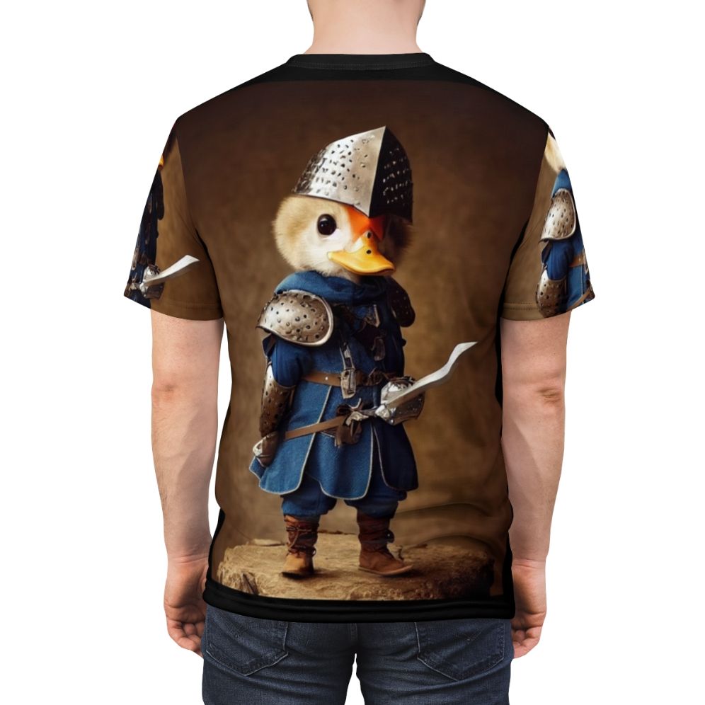 Stylized knight duck illustration on an all-over-print t-shirt - men back