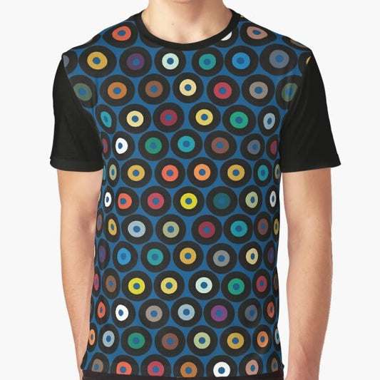 Vinyl graphic blue t-shirt with retro music and polka dot pattern