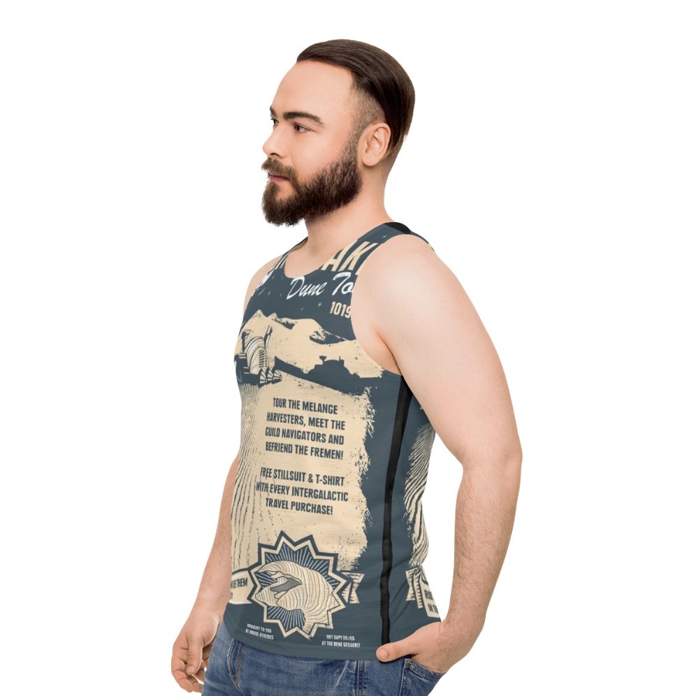 Dune-inspired "Visit Arrakis" unisex sci-fi tank top - men side