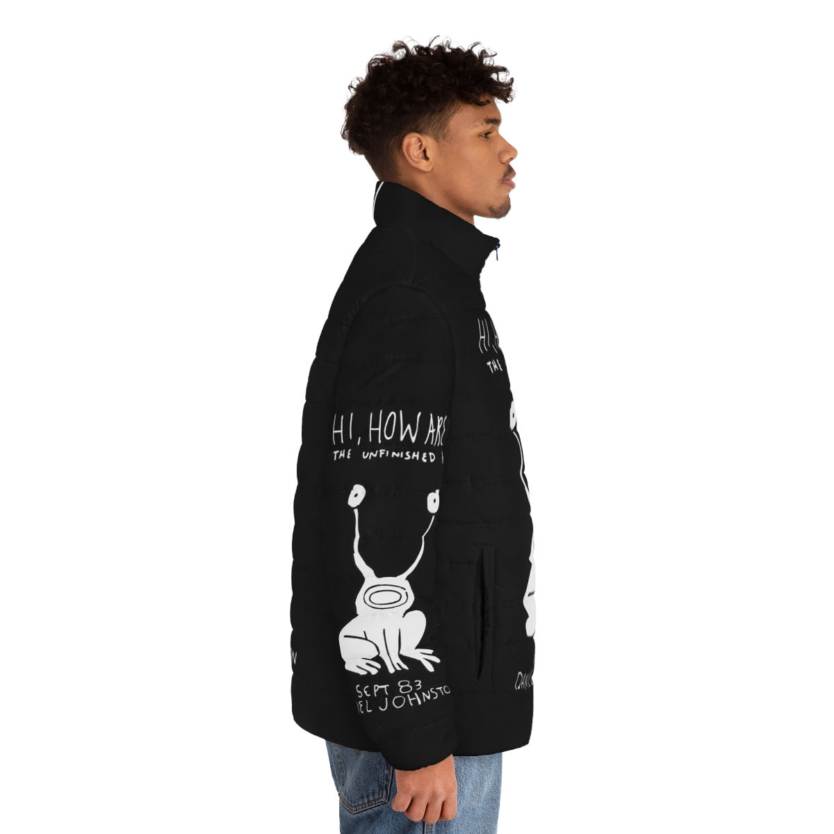 Hi How Are You Daniel Johnston inspired puffer jacket with album cover graphics - men side right