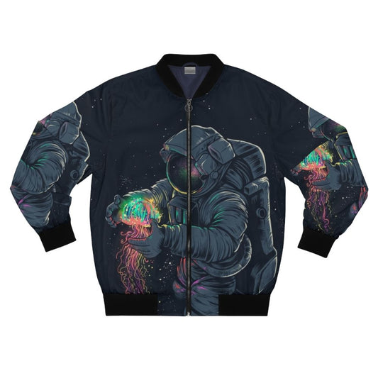 Model wearing a bomber jacket with a cosmic, intergalactic, and scifi-inspired design