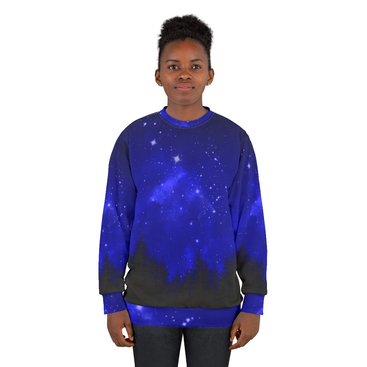 Blue galaxy forest night sky sweatshirt with trees and mountains - women