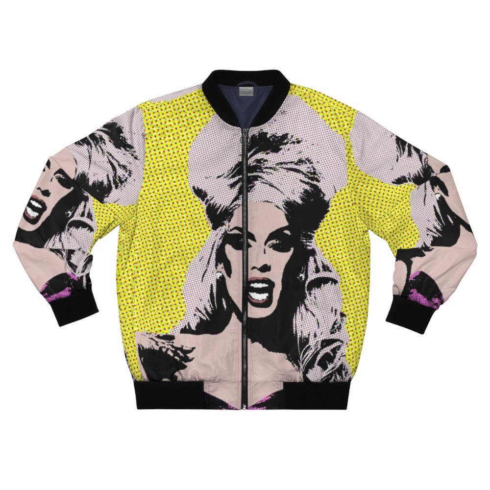 A colorful and vibrant Alaska-inspired pop art bomber jacket with drag queen influences.