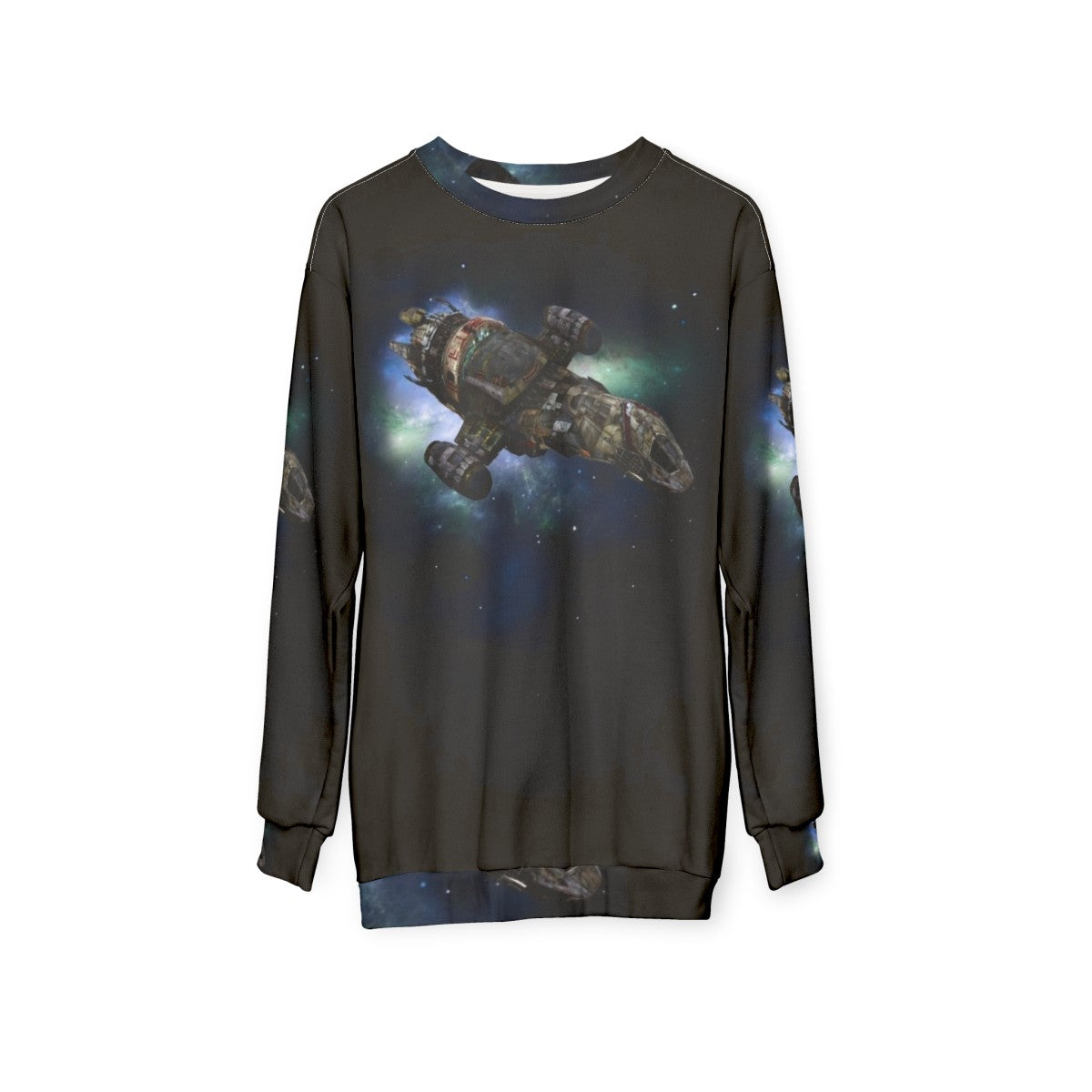 Firefly-inspired sweatshirt with Serenity spaceship graphic - hanging