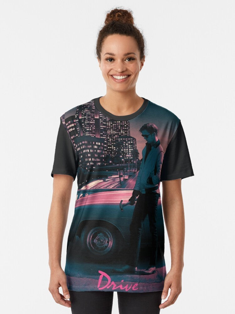 Drive movie poster graphic t-shirt featuring Ryan Gosling, Carey Mulligan, and elements from the film by Nicholas Winding Refn - Women