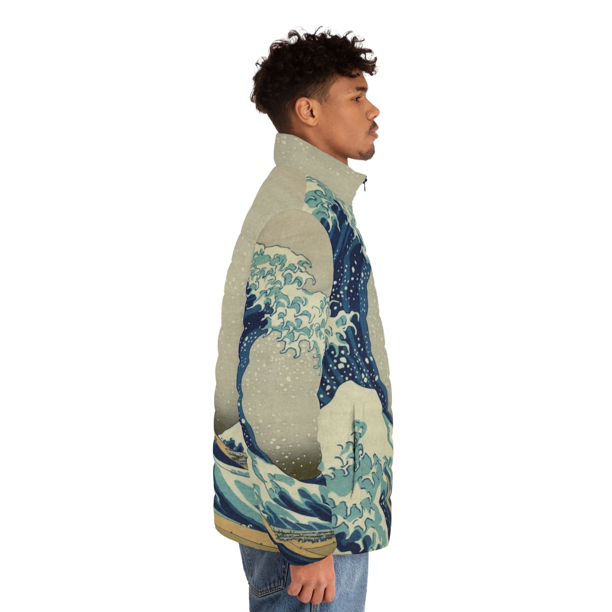 A puffer jacket featuring the iconic "The Great Wave off Kanagawa" Japanese woodblock print design - men side right