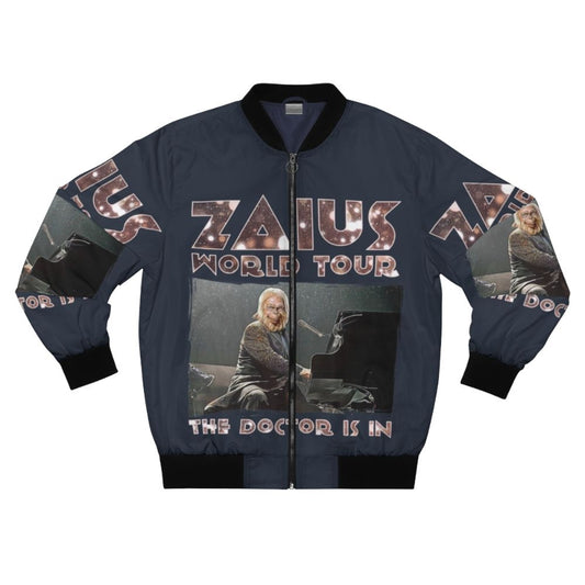 Dr. Zaius from Planet of the Apes wearing a bomber jacket with a music and piano design