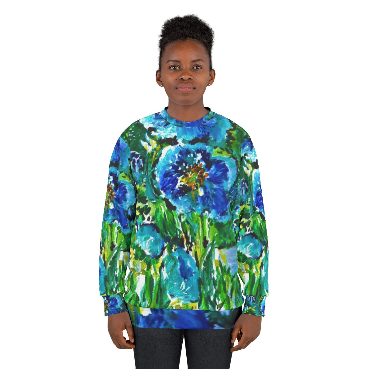 Blue poppies sweatshirt with religious art design - women