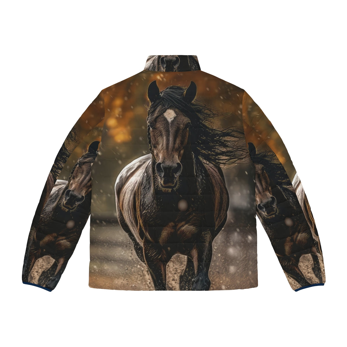 Puffer jacket featuring a bay horse trotting in the rain on an autumn day - Back